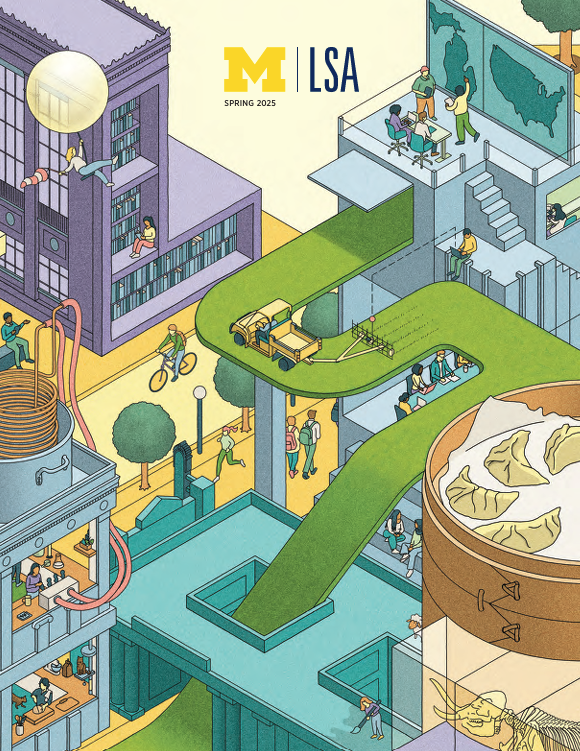 The cover of the Spring 2025 issue of LSA Magazine features an illustration of an interconnected cityscape campus.
