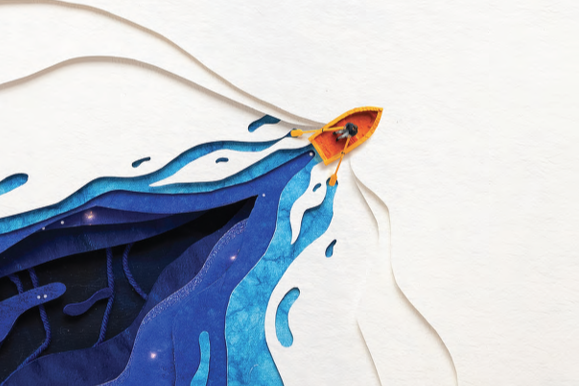 Art of a single rower in an orange rowboat parting steady waters and revealing blue depths in its wake.