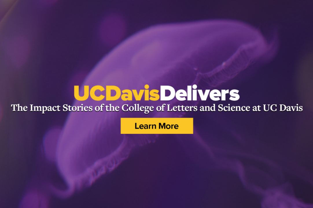 A photo of a jellyfish with a purple overlay and the words "UC Davis Delivers: The Impact Stories of the College of Letters and Science at UC Davis: Learn More."