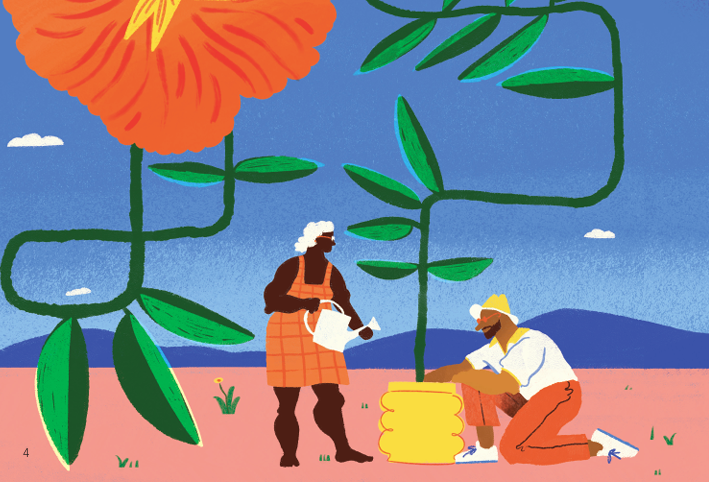 Illustration of two people watering a larger-than-life plant.