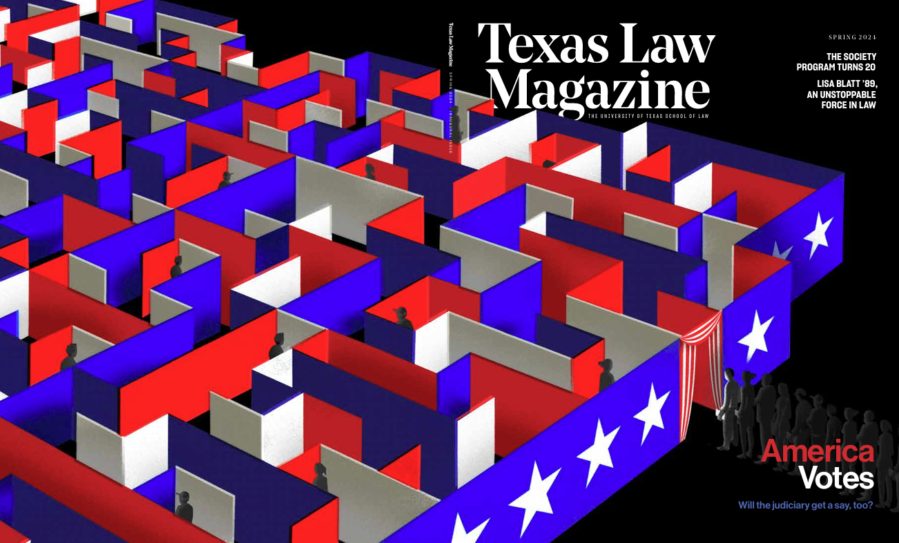 Back and front cover spread of Texas Law Magazine's Spring 2024 issue. An illustration of a red, white, and blue colored maze with people wandering through it and lined up at its entrance. The headline reads, "America Votes."