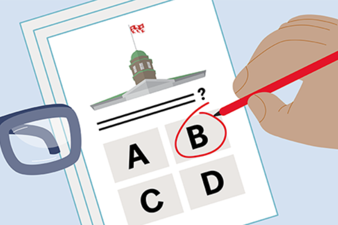 Illustration of a hand holding a red pen and circling the answer "B" on a piece of paper. On the piece of paper is the image of a campus building at the top and four boxes with A, B, C, and D listed within them below that.