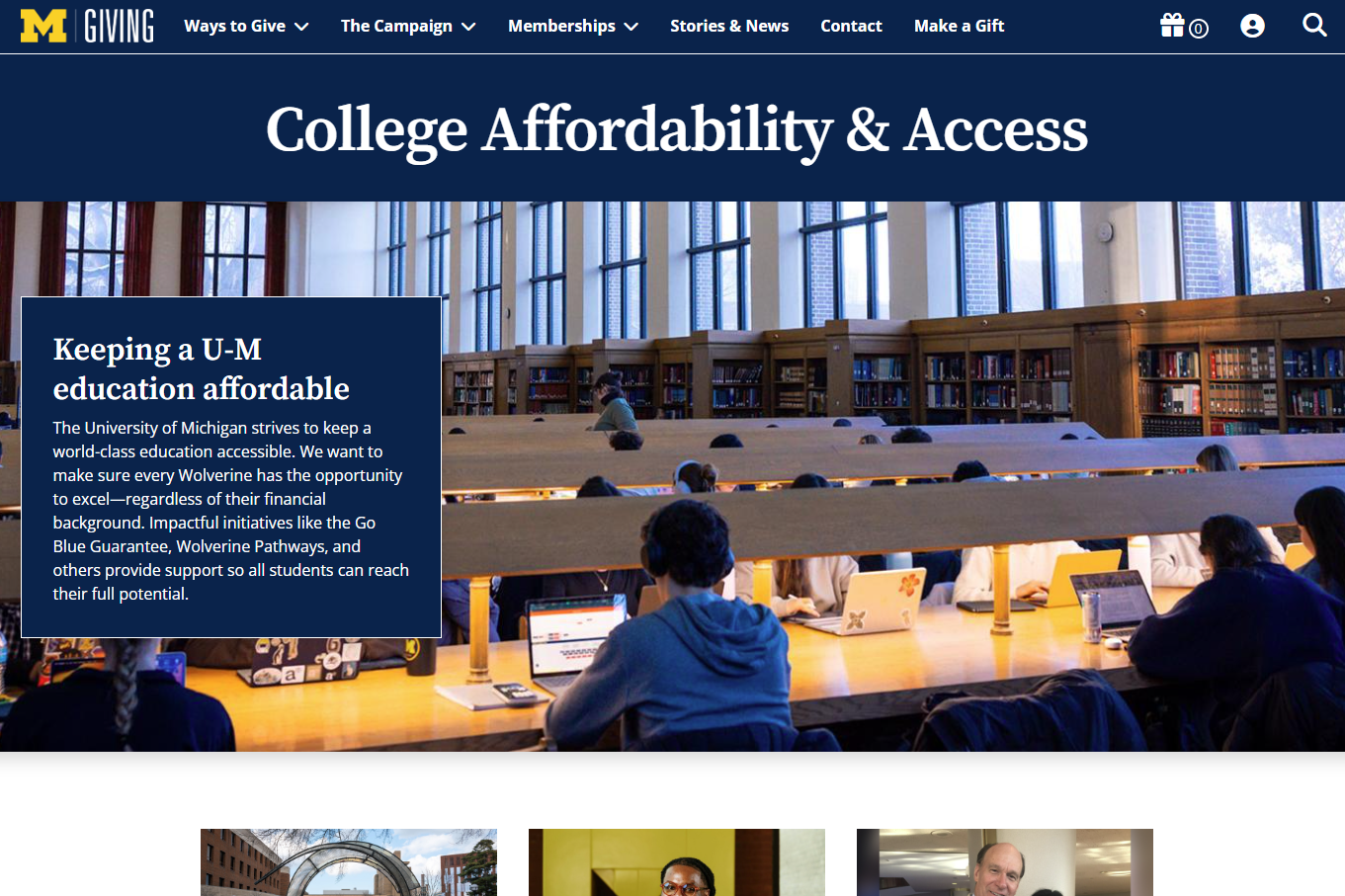 The homepage of U-M's "College Affordability & Access" webpage shows a photo of students working in a campus library.