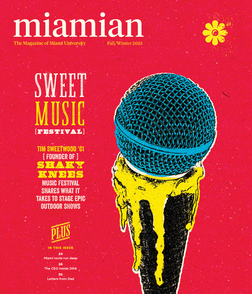The Fall/Winter 2025 cover of Miamian magazine. Against a red background is a black ice cream cone with yellow ice cream dripping down its sides, and a blue microphone head sits on top of it. The headline reads, "Sweet Music Festival."