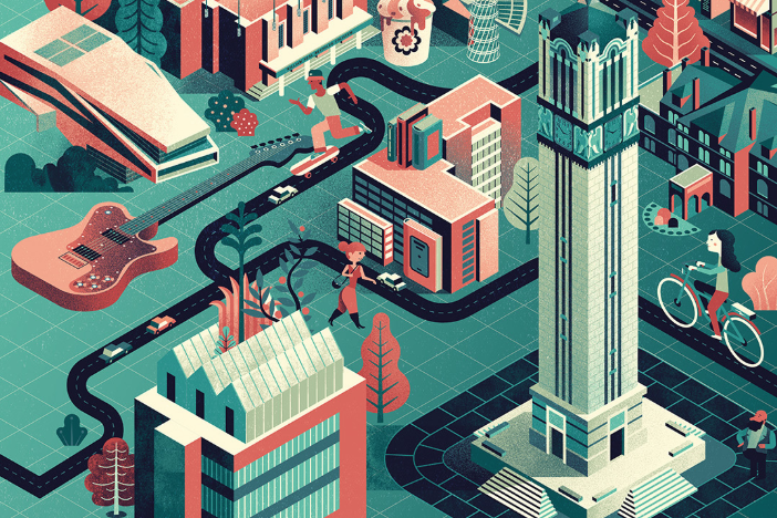 A blue and red colored illustration shows a guitar, academic buildings, city streets, ice cream, and more.