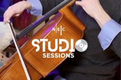 Close-up of someone playing the cello. The caption reads: "NEC Studio Sessions."