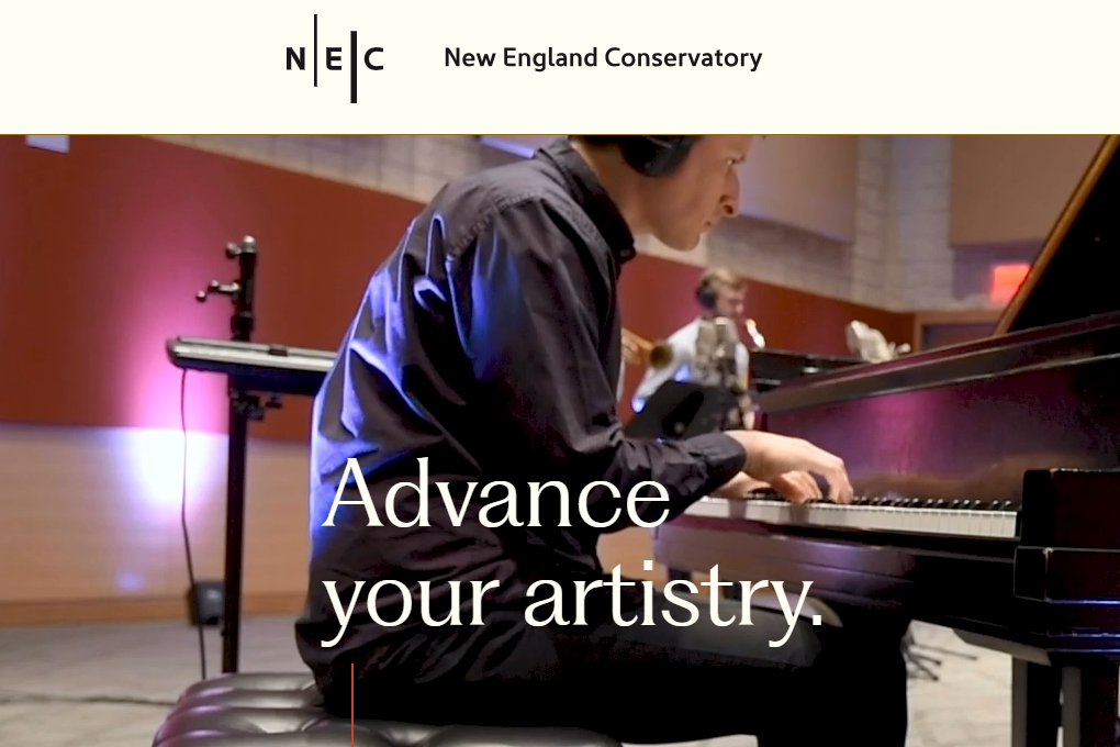 The homepage of NEC's website reads "Advance your artistry." A photo of a pianist at a piano is seen.