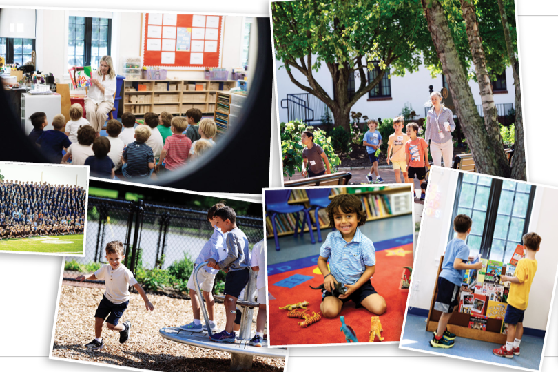 A collage of photos shows boys playing on the playground and in the classroom.