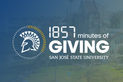 The logo for SJSU's 1,857 Minutes of Giving features a blue-shaded photo of campus.