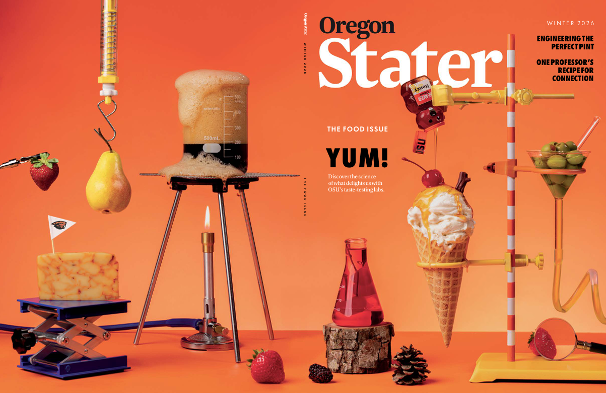 The front and back covers of the Winter 2026 issue of the Oregon Stater shows a tableau of scientific and food items against an orange background.