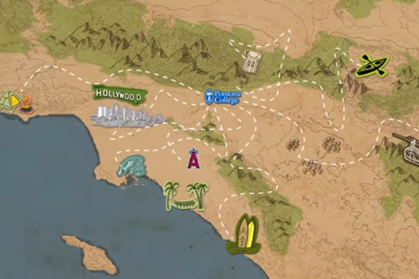 An illustration of a map of California with Pomona College at the center. Dashed white lines lead to other landmarks in the area.