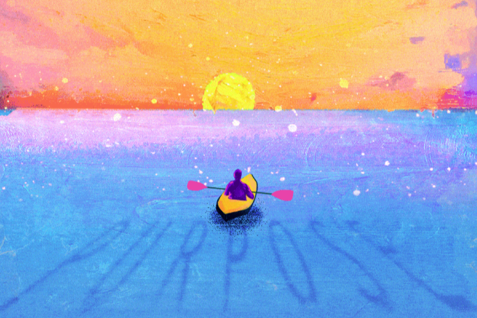 Illustration of a kayaker staring towards the horizon where the sun sets. In the water, the word "purpose" can be seen.