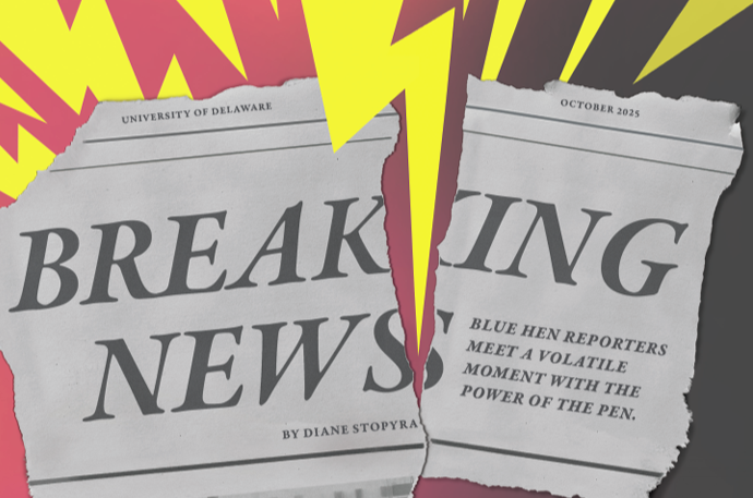The headline for University of Delaware Magazine's Power of the Pen story is designed to look like a "Breaking News" headlined newspaper.