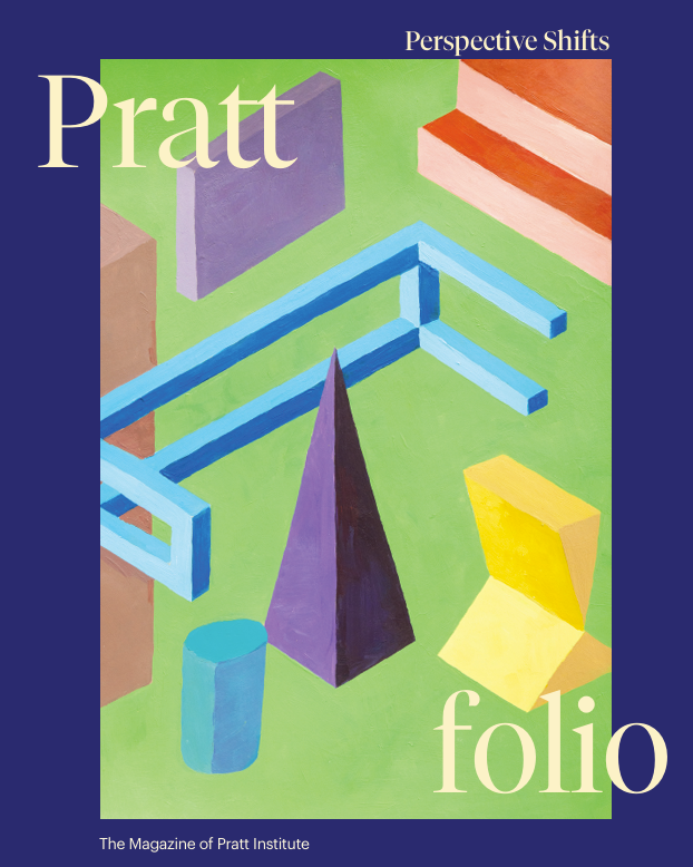 The cover of the Spring 2025 issue of Prattfolio features a blue border, green background, and illustrations of multi-colored geometric shapes.