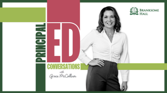 The logo for PrincipalED features a black and white photo of host Grace McCallum.