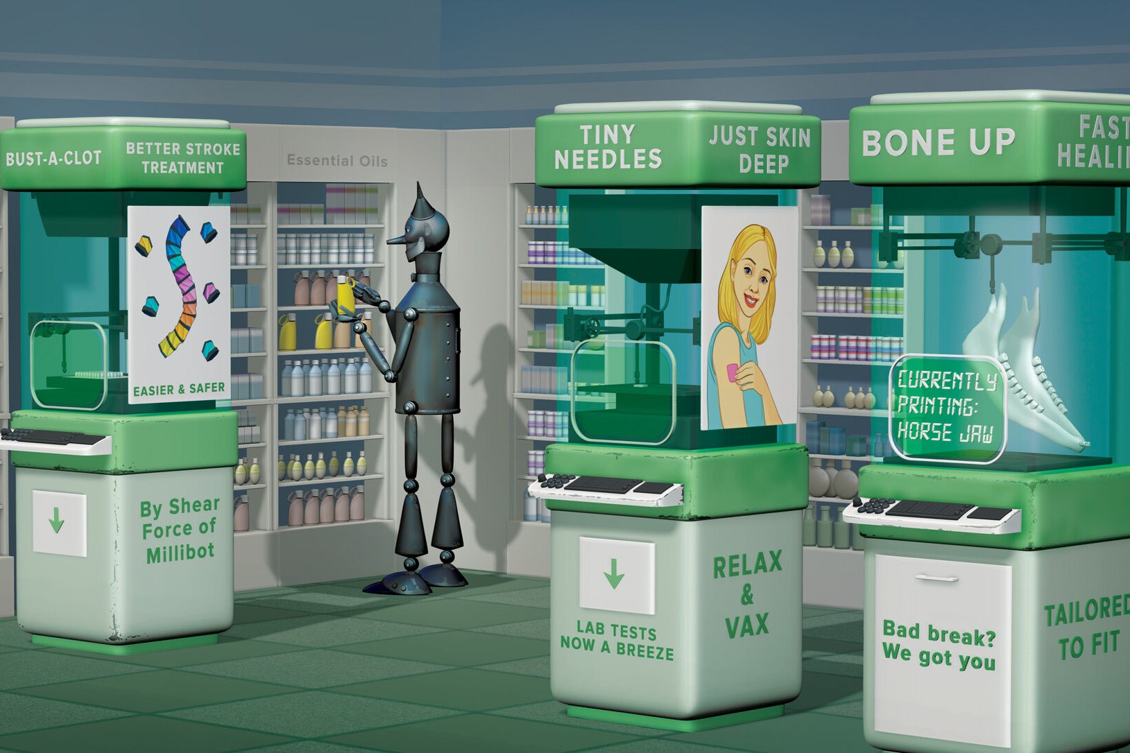 An illustration of a Tin Man-like robot stocking selves of essential oils. In front of the selves sit three automated machines advertising health fixes.