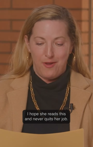 A screenshot from University of Southern California's "Professors Surprised With Student Reviews" video. A professor reads from a sheet of paper, "I hope she reads this and never quits her job."
