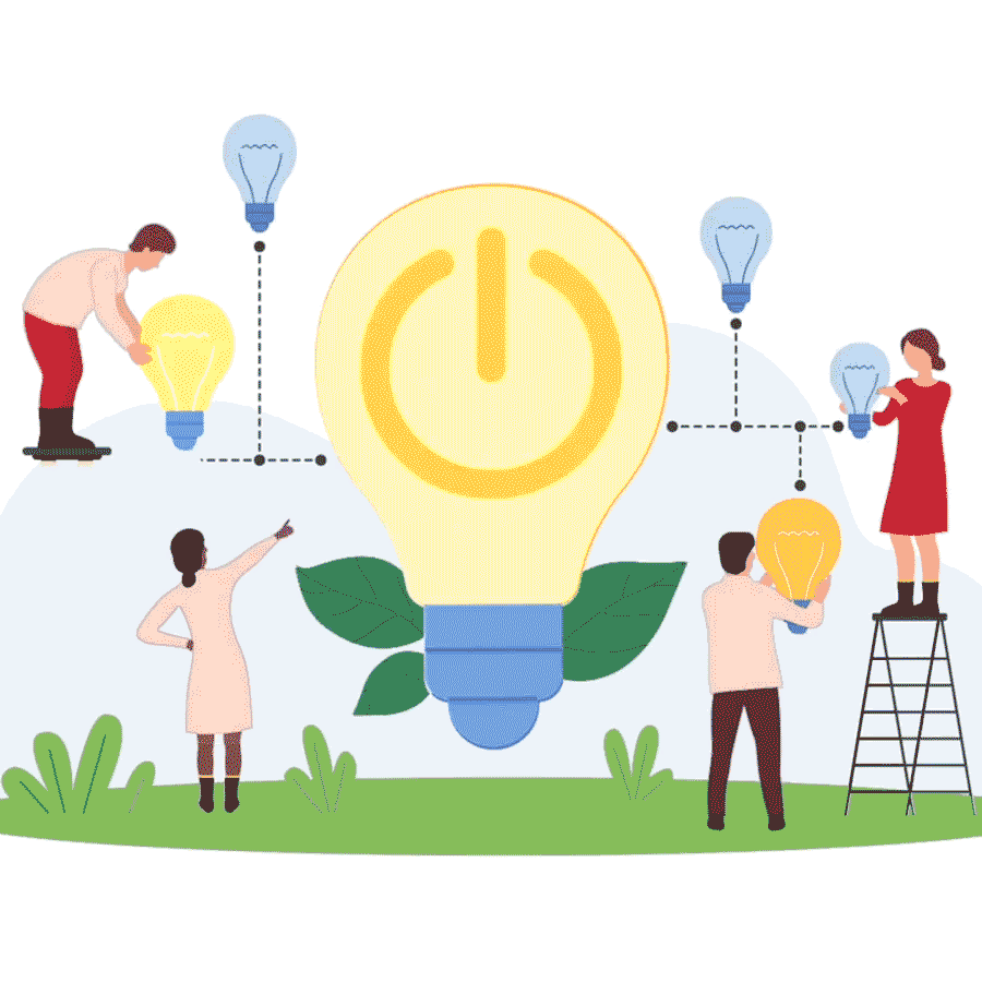 People connecting devices to a large lightbulb