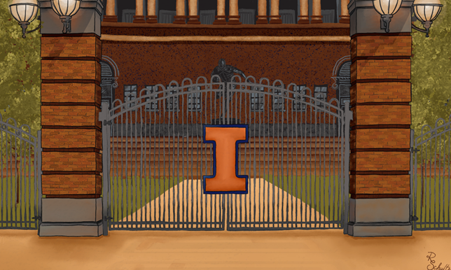 An illustration of a gate with the University of Illinois at Urbana-Champaign's "I" logo at its center.