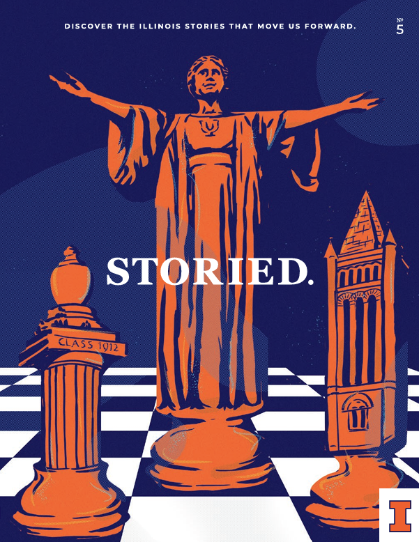The cover of the fifth issue of STORIED features an illustration of three UIUC specific orange-colored chess pieces on a navy blue and white chess board.
