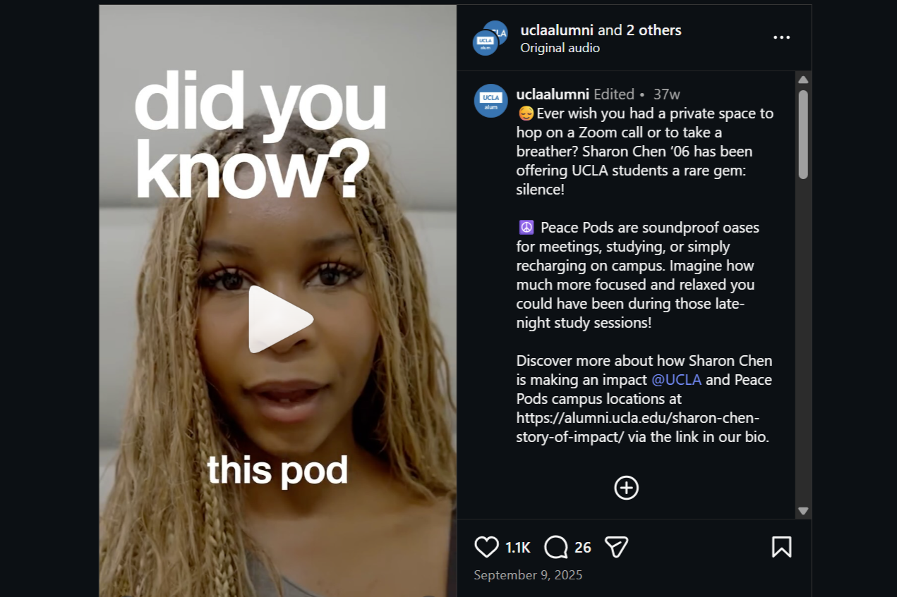 Screenshot of a UCLA Instagram post from its "did you know?" series. This one shares about the campus' peace pods.