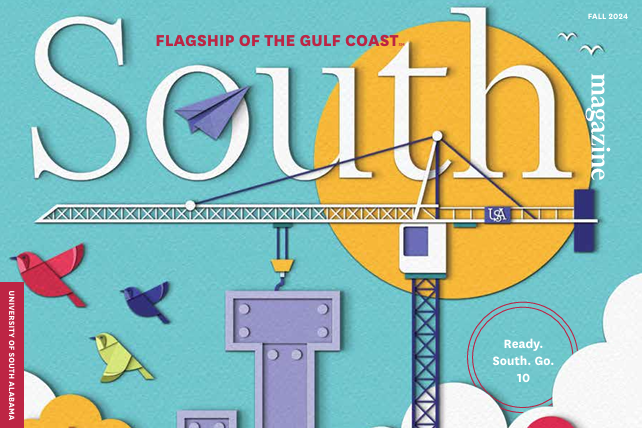 The cover of South Magazine's fall 2024 issue shows an illustration of a crane against a blue sky. A paper airplane and birds can also be seen.
