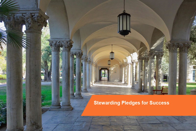 A photo of the Caltech campus with the words "Stewarding Pledges for Success."