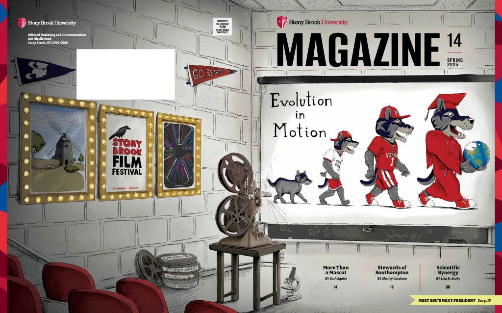 The cover of Issue 14 of Stony Brook University Magazine features an illustration of a projector showing a film of the evolution of the university's mascot next to the headline, "Evolution in Motion."