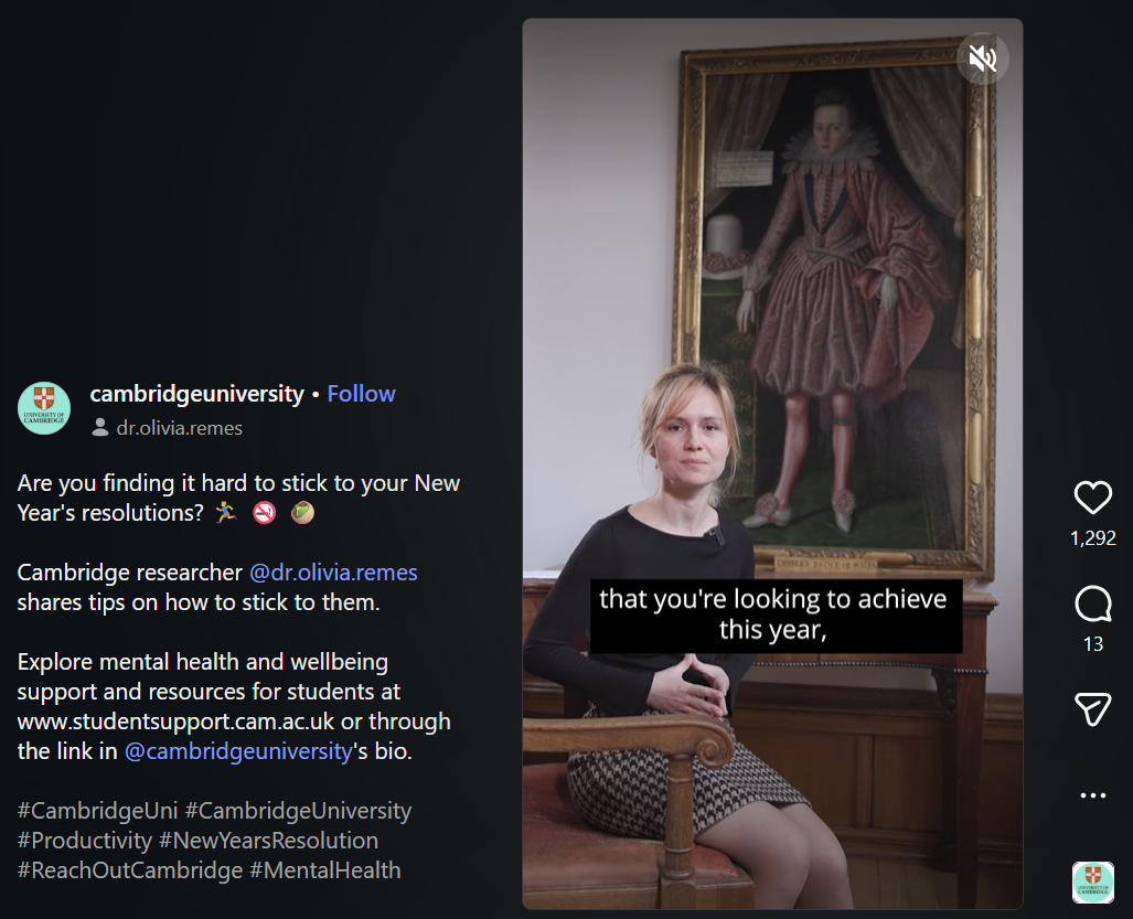 A screenshot from a University of Cambridge TikTok shows Dr. Olivia Remes sitting in a chair in front of a portrait talking to camera.