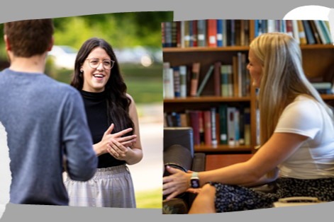 A collage of two photos. On the left, someone speaks to a group outside, and on the right, someone sits in a library.