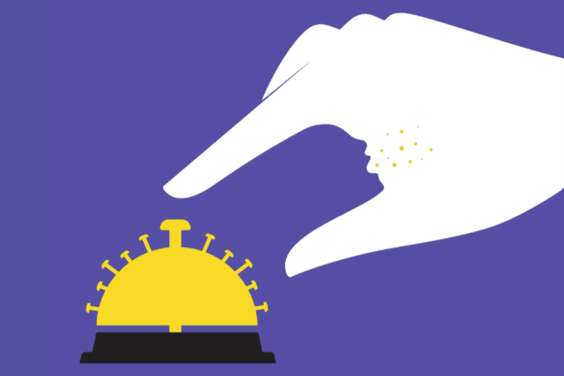 An illustration show a hand reaching out for a hotel's front desk bell that's shaped like the COVID-19 virus. In the negative space of the hand, you can see a face sneezing.