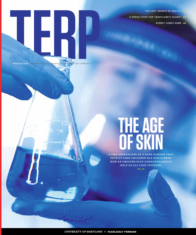 The cover of the Winter 2025 issue of Terp features a close-up of hands wearing blue medical gloves holding a scientific flask.