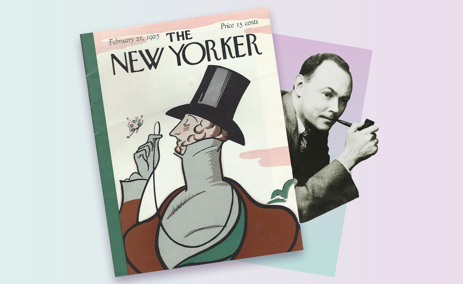 A photo of a cover of The New Yorker with its mascot Eustace Tilley and the mascot's creator Corey Ford.