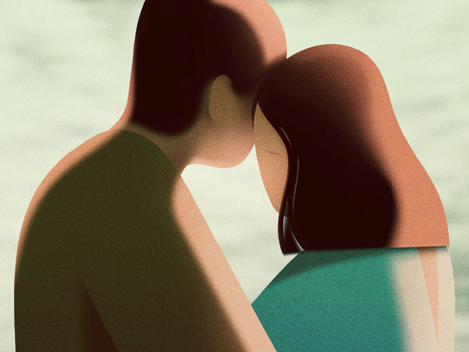 An illustration of a man and woman embracing, their heads tipped together.