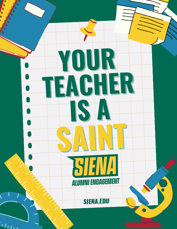 A poster reads, "Your teacher is a Saint" in green- and yellow-colored text and features illustrations of notebooks, sticky notes, a microscope, and rulers in its corners.