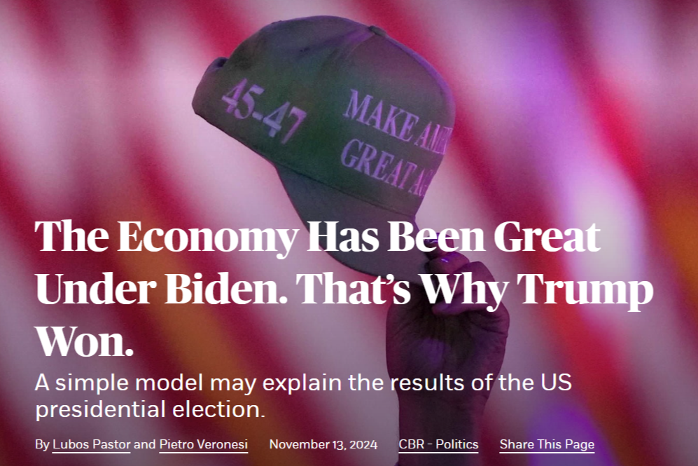 Screenshot of the headline "The Economy Was Great Under Biden. That’s Why Trump Won." Behind the text is the image of a MAGA hat being held in the air.