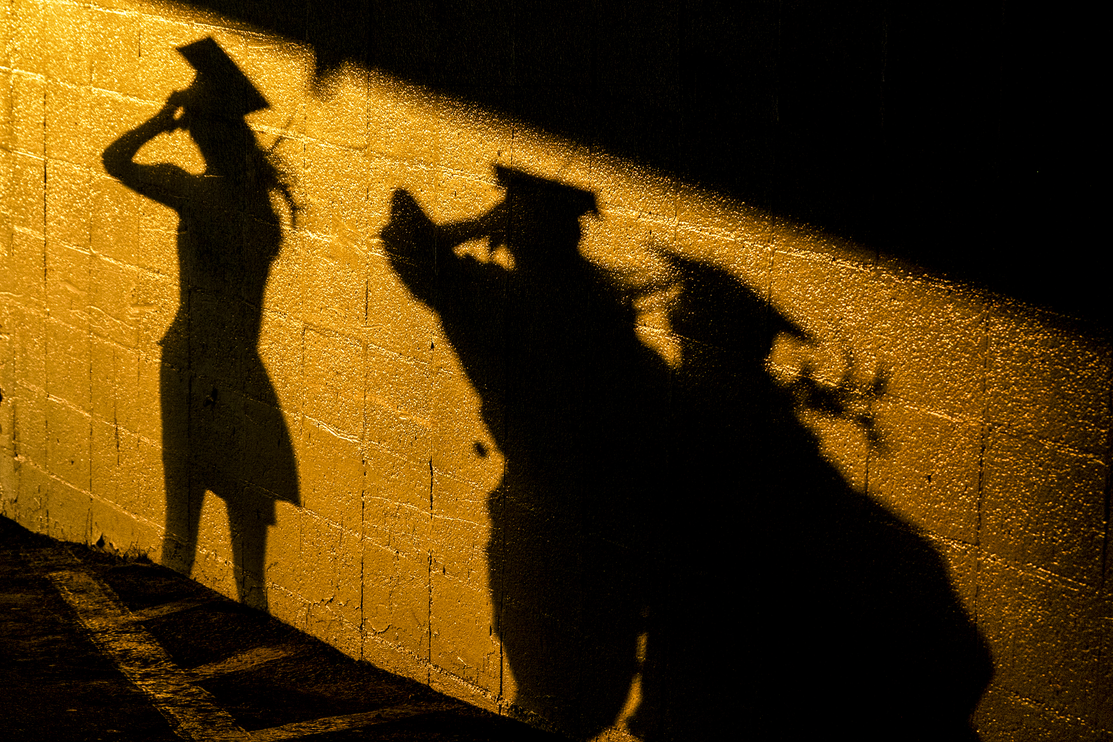 Against a brick wall are the shadows of three people in commencement dress illuminated by golden light.