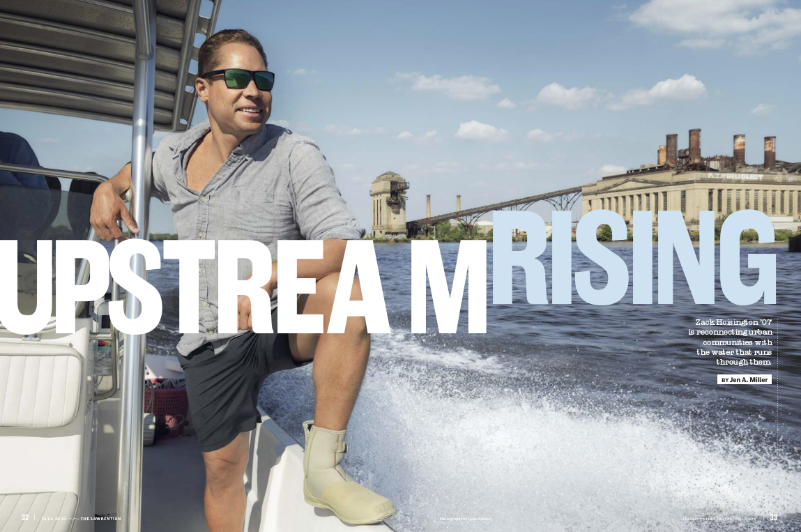 A feature spread from The Lawrentian's fall 2024 issue shows a man in a boat and the words "Upstream Rising."