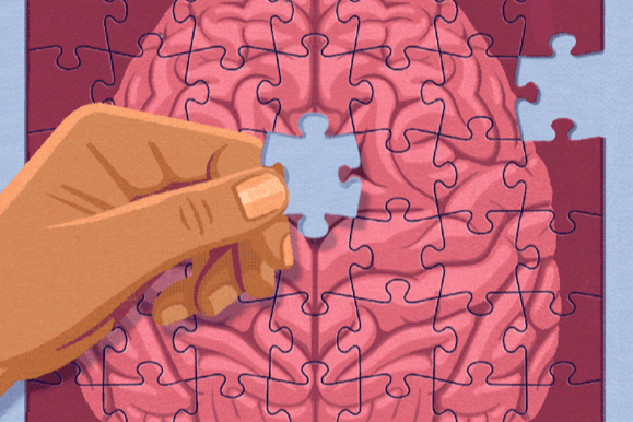 Illustration of a hand adding a blank-colored puzzle piece to a pink-colored puzzle of a brain.