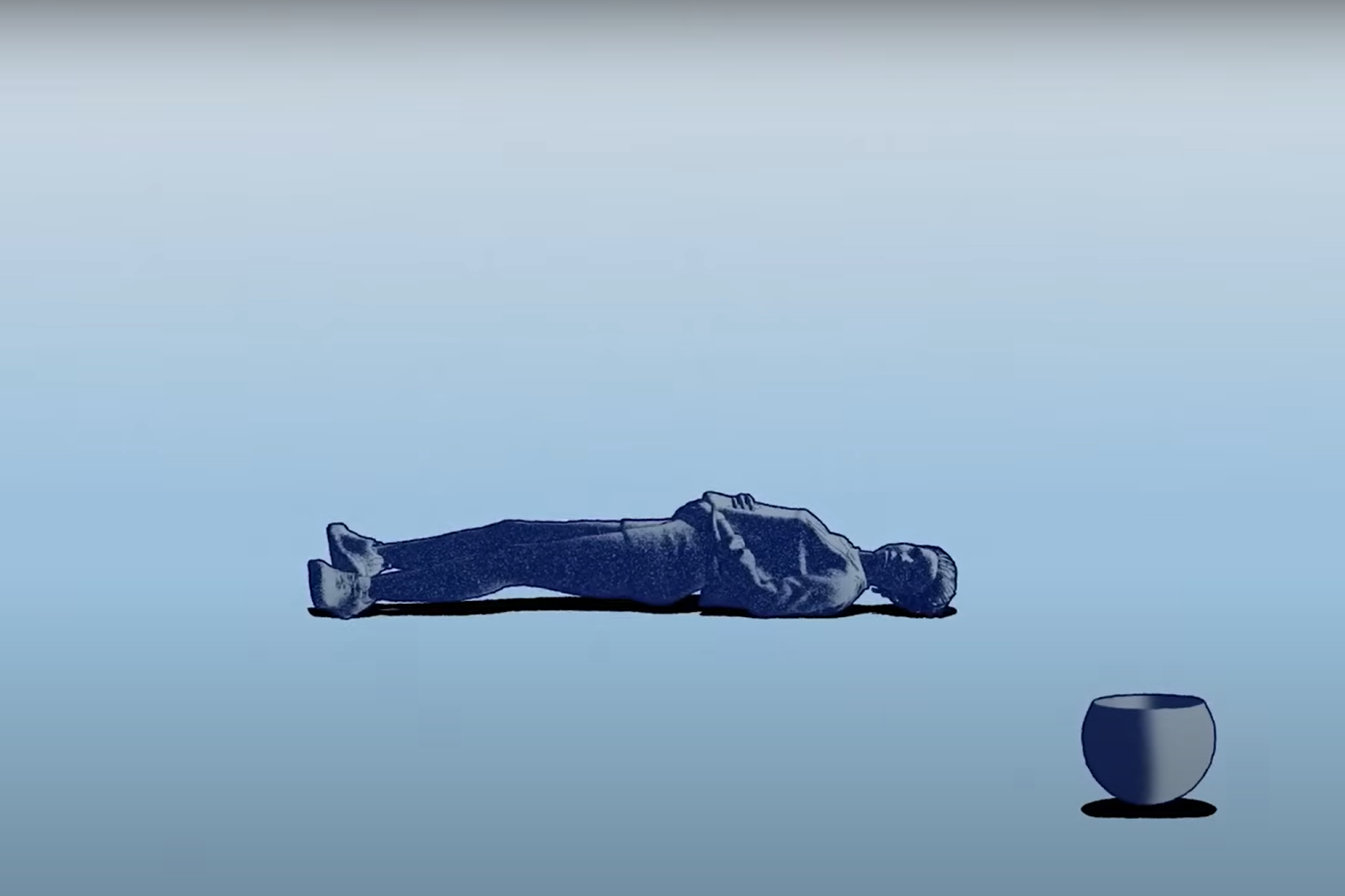 A blue-colored illustration of someone laying flat on their back in a mostly empty space. A lone empty pot sits in the right foreground of the image.
