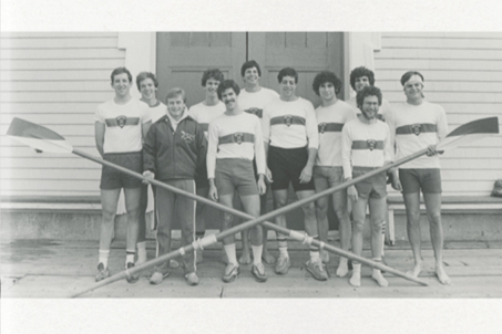A vintage black and white photo of the Boston University Men's Rowing team.