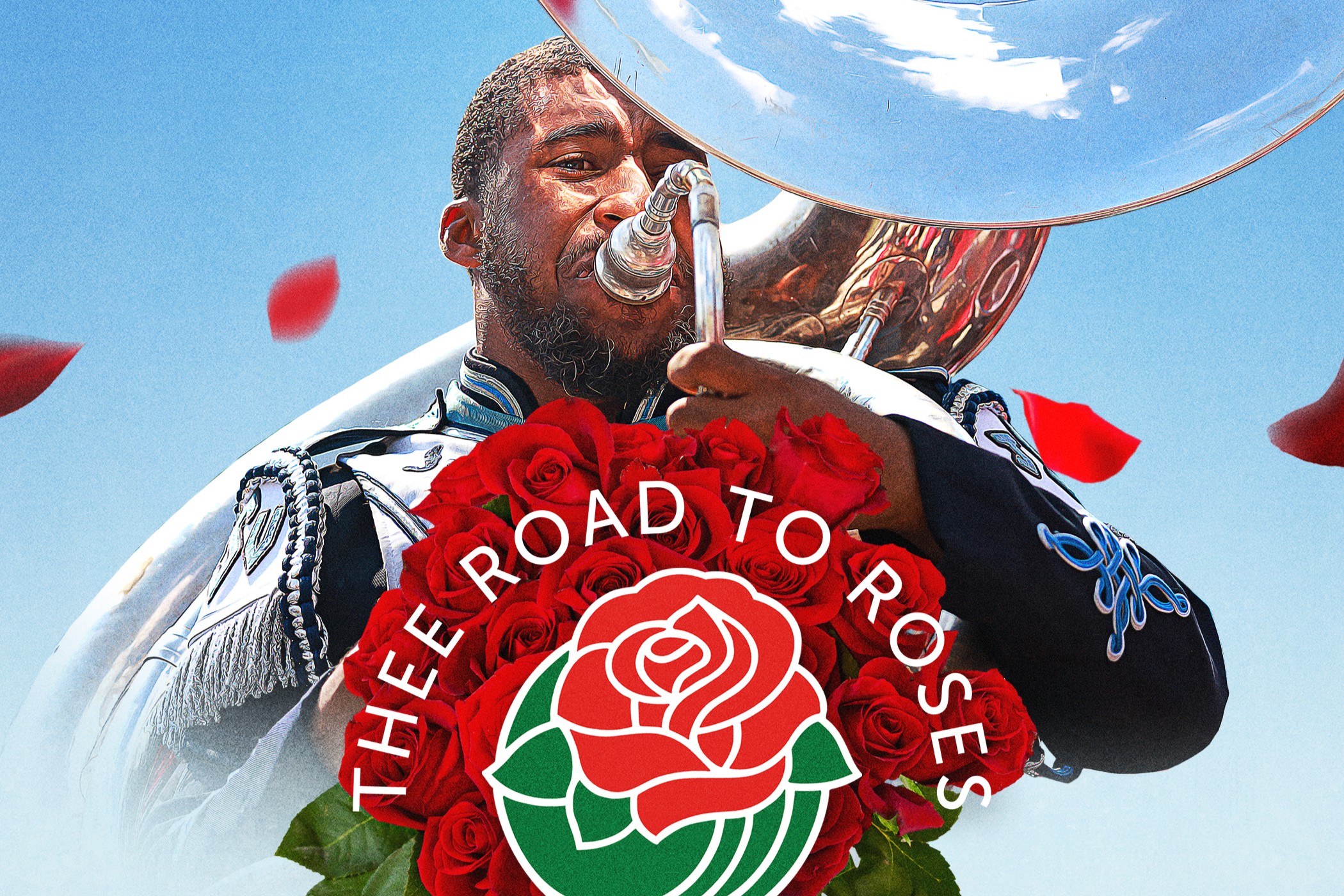 A poster for JSU's Thee Road to the Roses campaign shows a marching band member playing tuba with rose petals floating in the background.