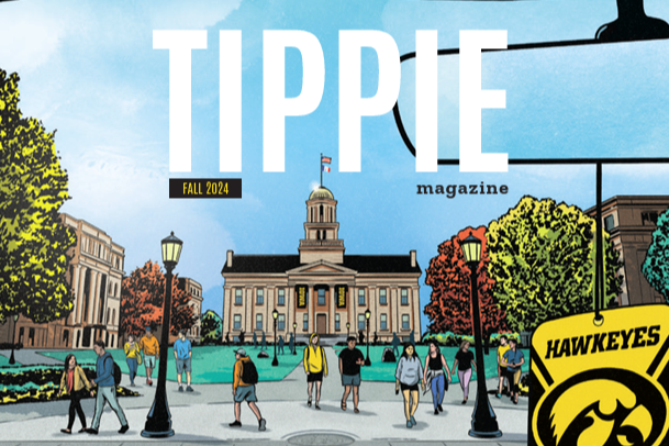 An illustration of students walking on the University of Iowa campus below the Tippie Magazine masthead.