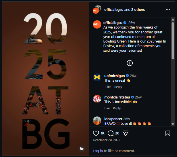 A screenshot of BGSU's "Top 25 Moments of 2025" video shows "2025 at BG" cut out of a wide shot of students on a campus lawn.