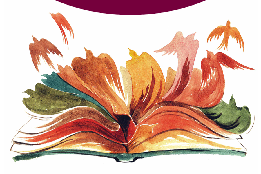 painting of an open book with the pages turning into birds in flight