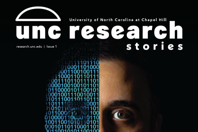 Below the UNC Research Stories masthead is a headshot of a man, half his face a blue-colored illustration of repeating ones and zeros.