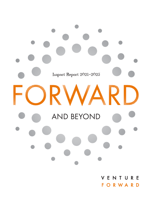 The cover of the Venture Forward Impact Report features a white background and gray dots arranged in a circle surrounding the word "forward" in orange text.