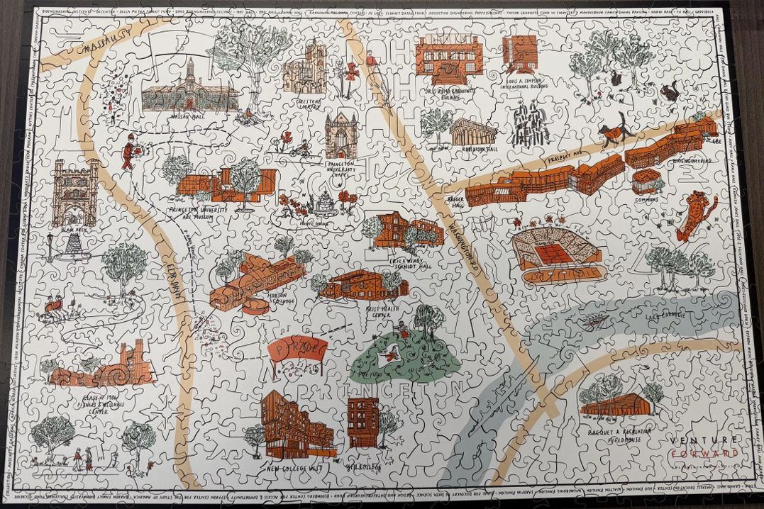 A photo of a puzzle with unique non-traditional shapes. The image is of an orange-, green-, and white-colored illustration of the Princeton's campus.