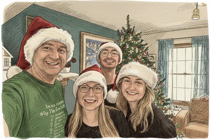 An illustration of the Chadwick family posing for a selfie in front of a Christmas tree.