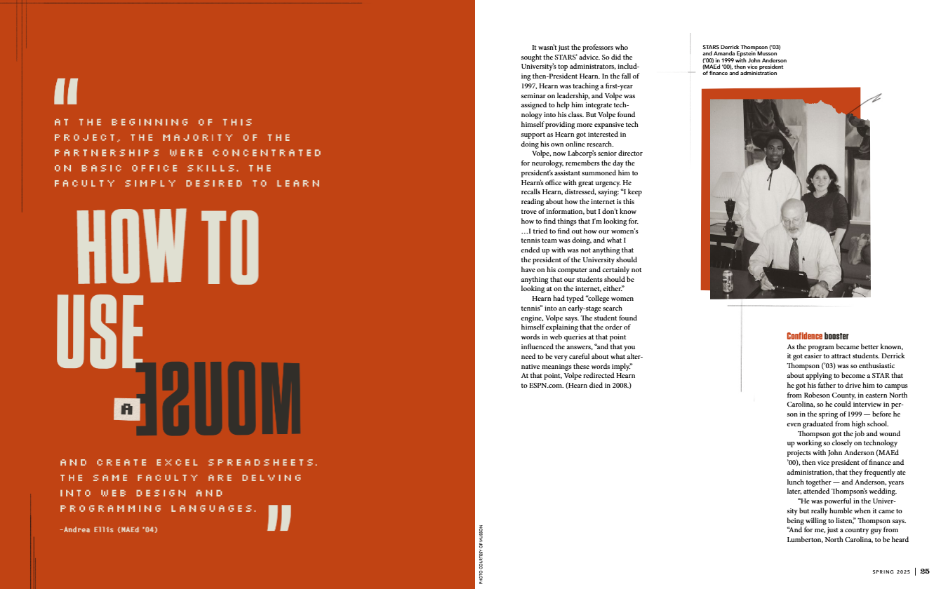 A magazine spread. On the left against a red background is a long quote with the words, "how to use a mouse" pulled out in larger text as a headline. On the right, a white background, a black and white photo, and two columns of text that don't fill the entire page.